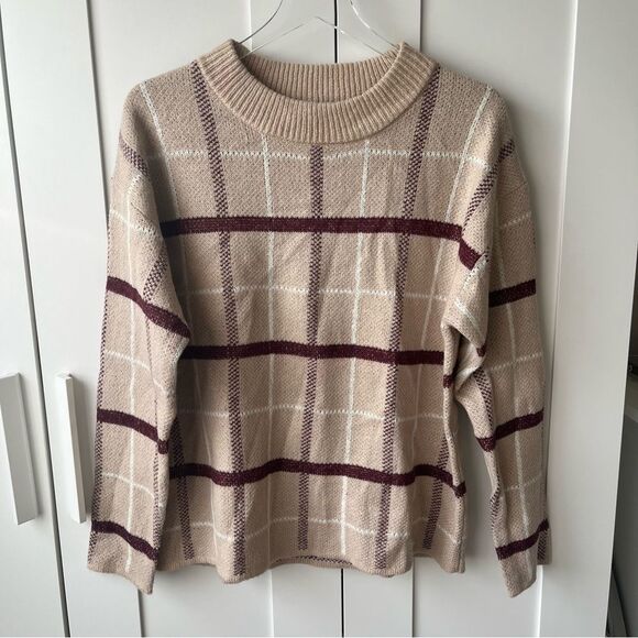 Fortune + Ivy Stitch Fix Crewneck Plaid Check‎ Beige Sweater large NWOT - Picture 1 of 11
